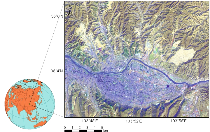 Abb. 2: Das Untersuchungsgebiet um die 3,5 Millionen-Metropole Lanzhou als Landsat 8 Image unterlegt mit einem schattierten Relief eines 10 m Höhenmodells 