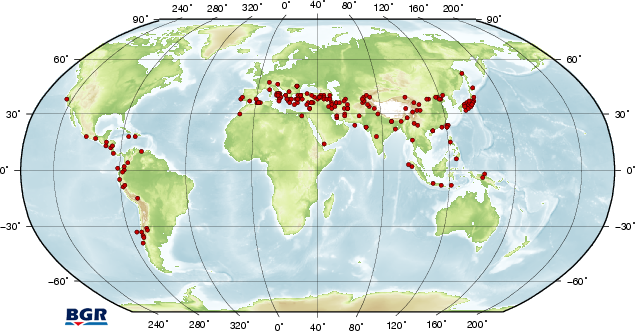 Weltkarte mit signifikanten Erdbeben seit dem Jahr 63 n Chr.